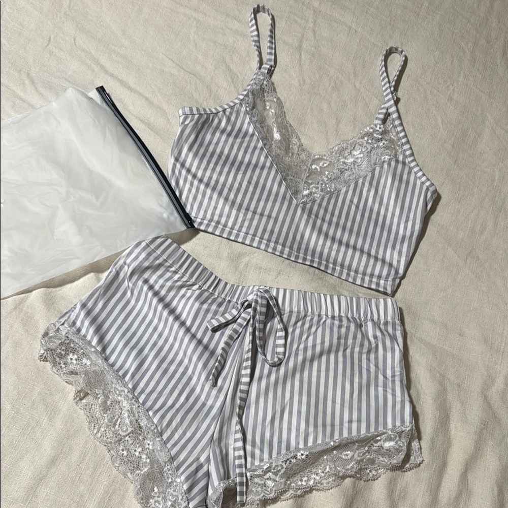 Striped Lace Trim Sleepwear Set